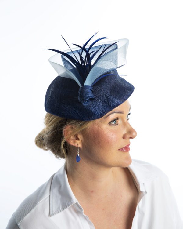 Side view of Navy /blue sinamay hat